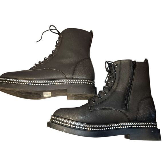 Women's 10 Black Stud Trimmed  Combat Ankle Boots Lace Up Zipper - Picture 2 of 7